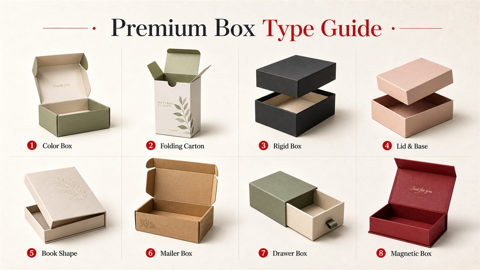 Premium box type guide for color boxes, folding cartons, drawer paper boxes, lid and base boxes, book shape boxes, mailer boxes, drawer boxes and magnetic boxes
