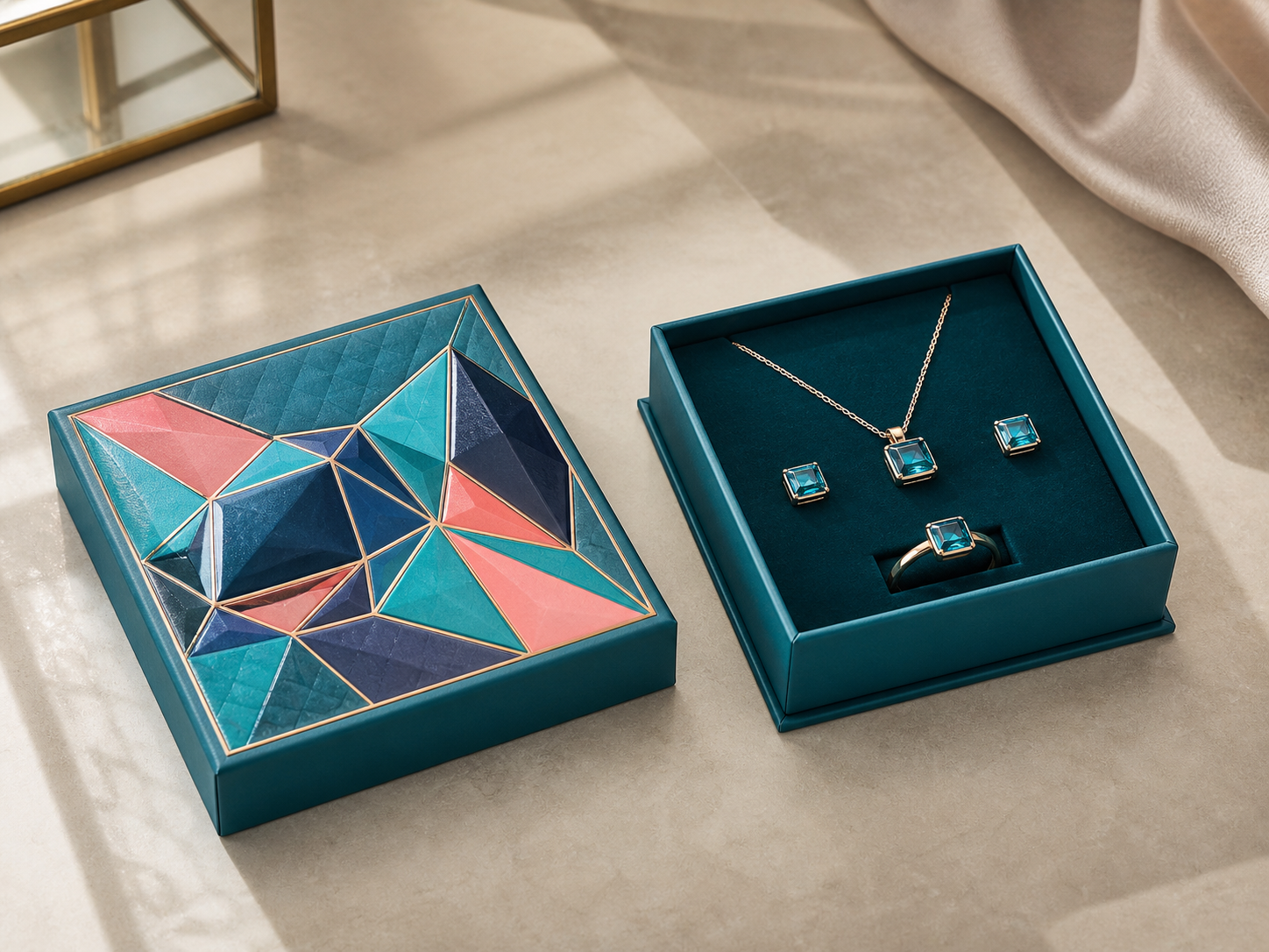 Two piece lid and base jewelry box with necklace earrings and ring