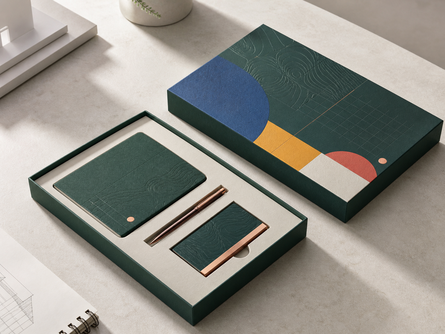 Lid and base corporate gift box with notebook pen and accessory