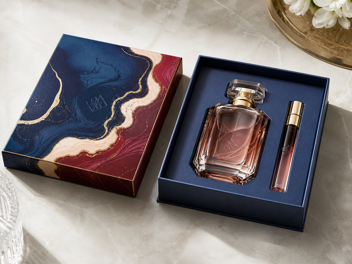 Two piece rigid lid and base box for perfume bottle
