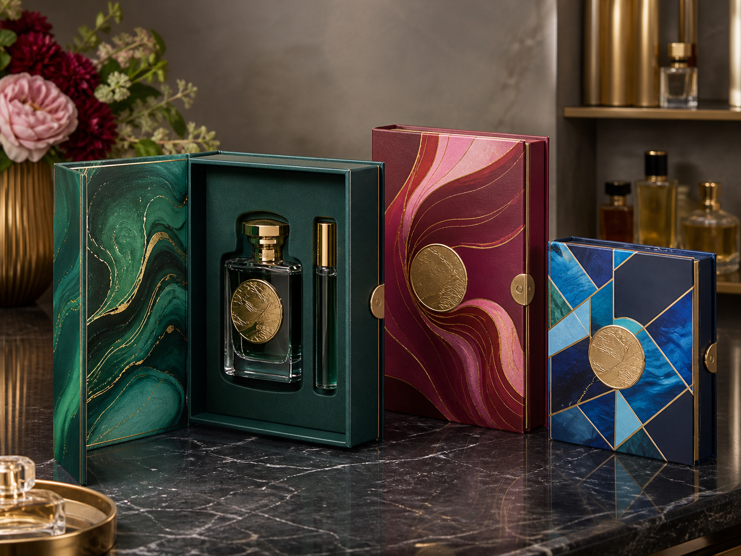 Book style perfume presentation box with fitted fragrance bottles