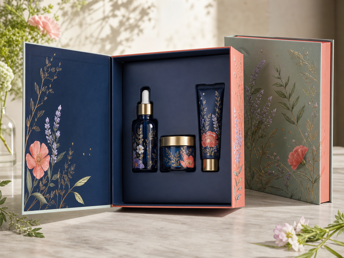 Book shape rigid paper box for skincare serum and cream collection