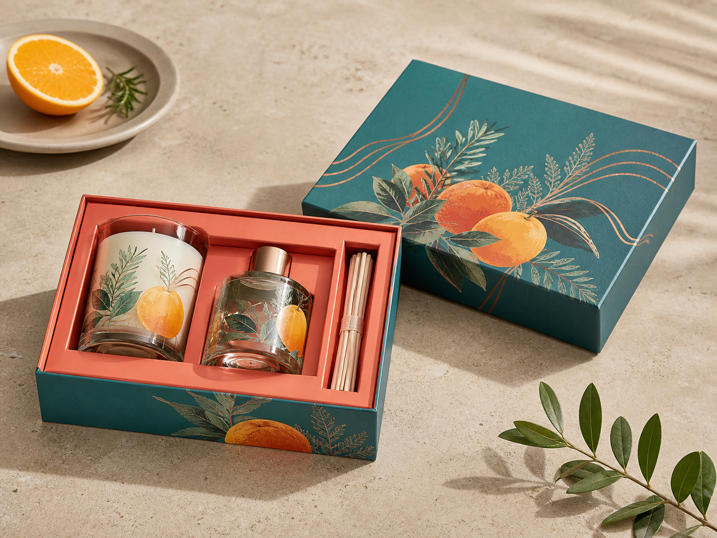 Illustrative colorful candle and diffuser gift box with botanical print
