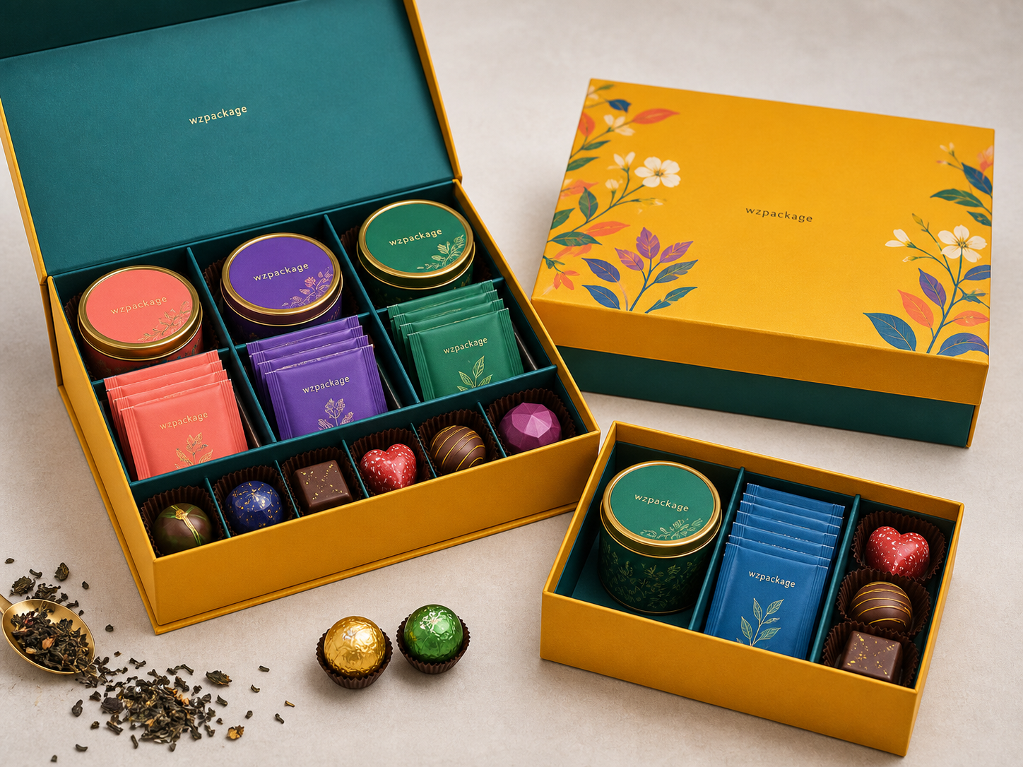 Custom paper food gift box with tea and confectionery compartments