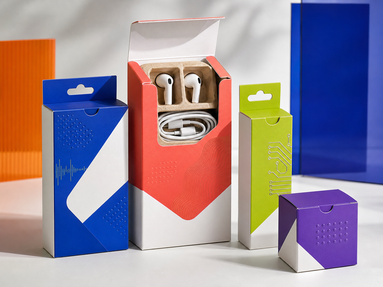 Illustrative printed retail box for earbuds and a charging cable