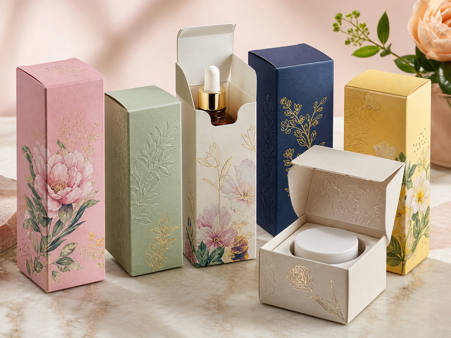 Small micro corrugated printed cartons for skincare serum bottles