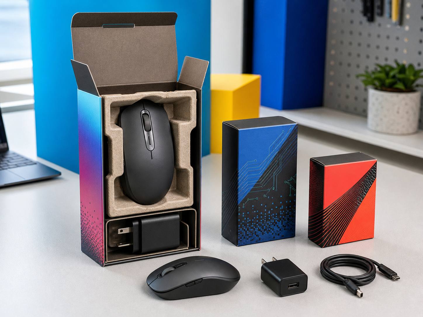 Upright micro corrugated printed retail box for mouse adapter and cable