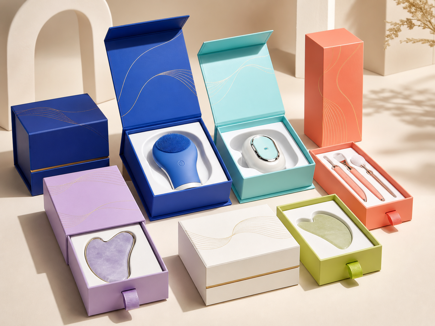 Beauty tool and electronic skincare device packaging with fitted paper inserts