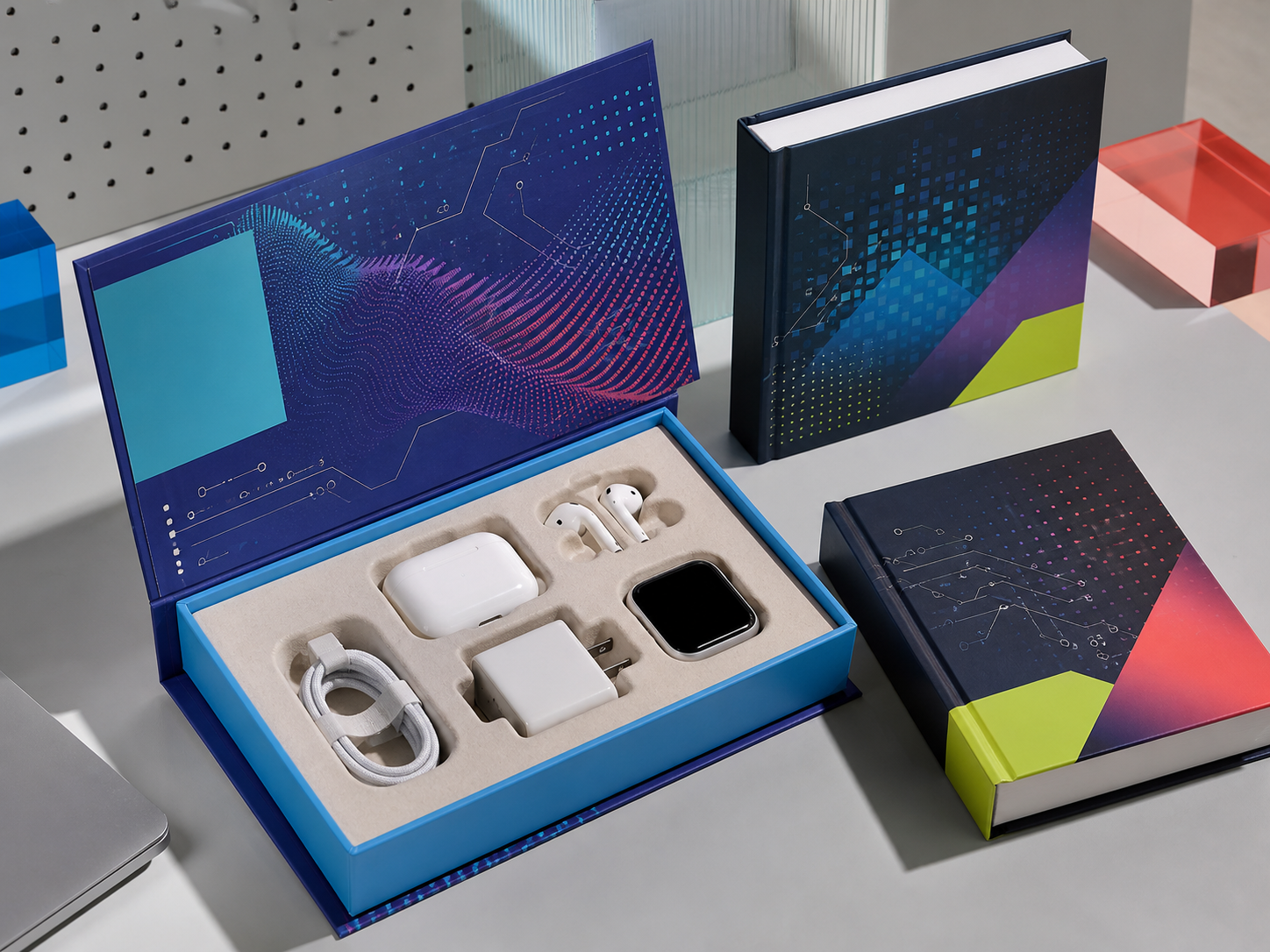 Book shape electronics box for earbuds and technology accessories