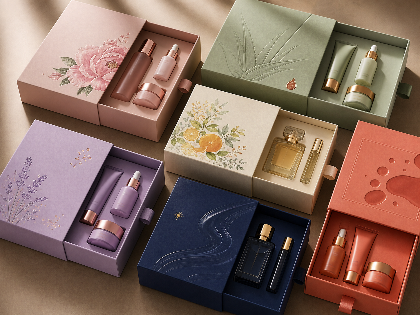 Custom drawer box for perfume bottle and skincare serum set