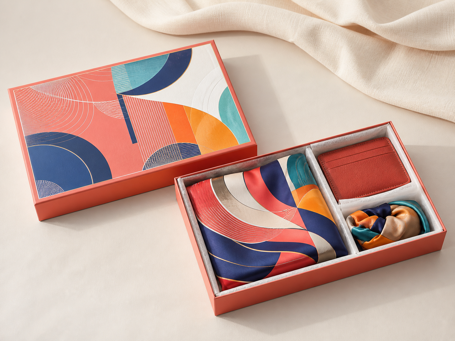 Rigid lid and base fashion box for folded silk scarf and accessory