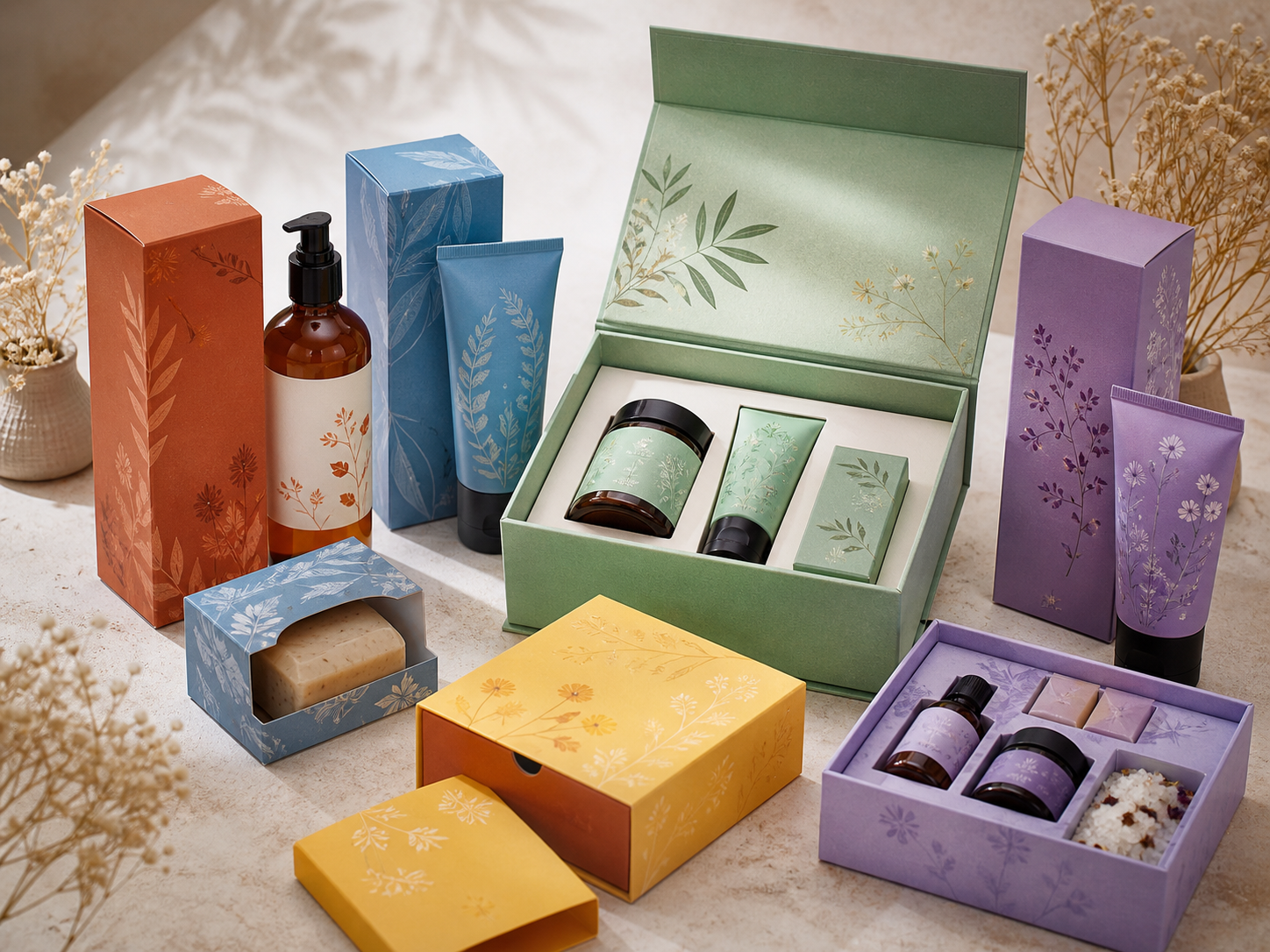 Bath body and wellness cosmetic boxes for lotion soap and spa gift sets