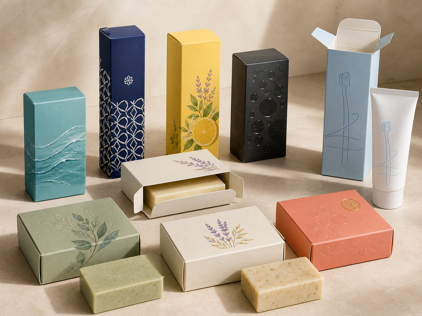Illustrative printed folding boxes for soap and personal care bars