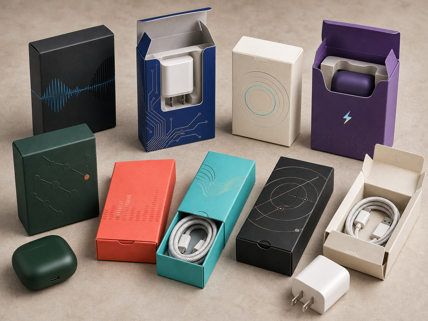 Folding carton packaging for cable charger and electronics accessories