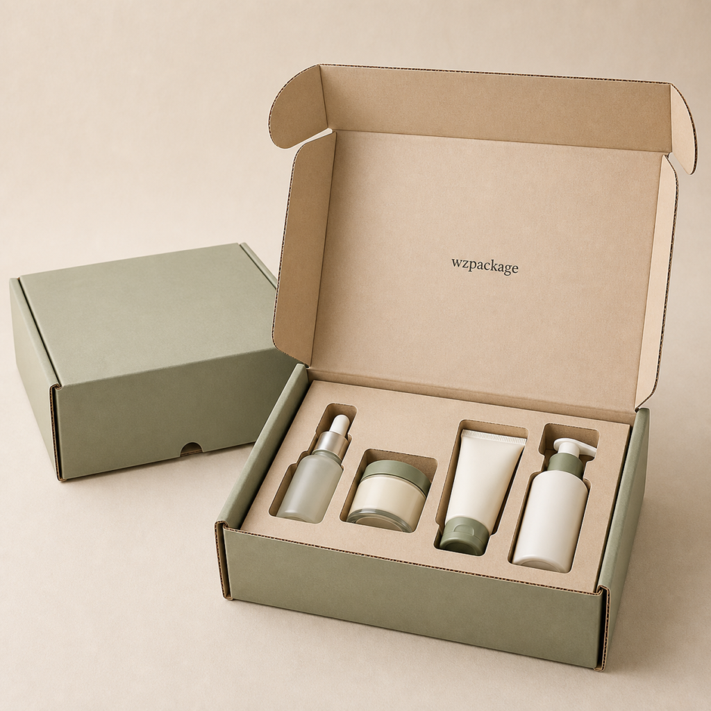 Custom corrugated cosmetic mailer box with paper insert for skincare bottles