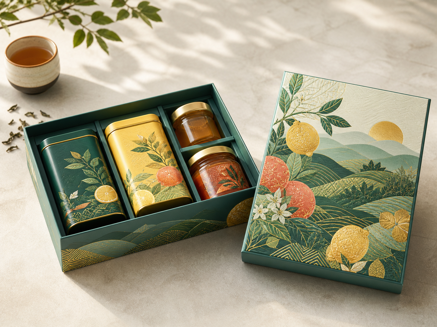 Lid and base gourmet gift box with tea tins and specialty food