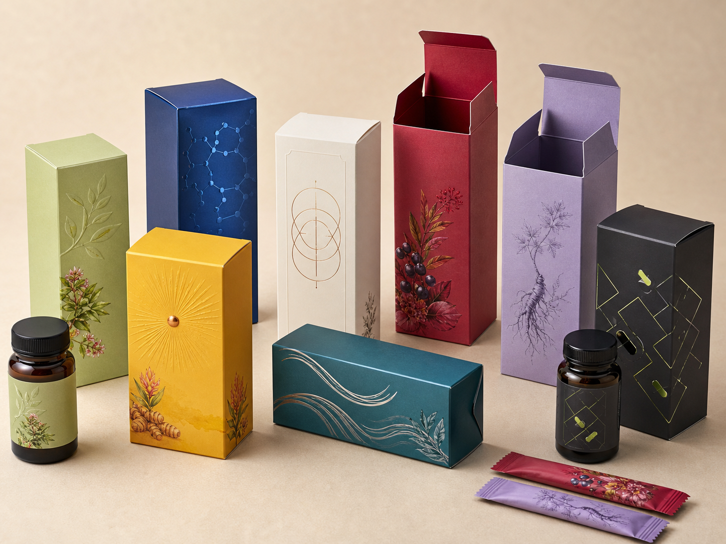 Illustrative printed folding cartons for vitamin and supplement bottles