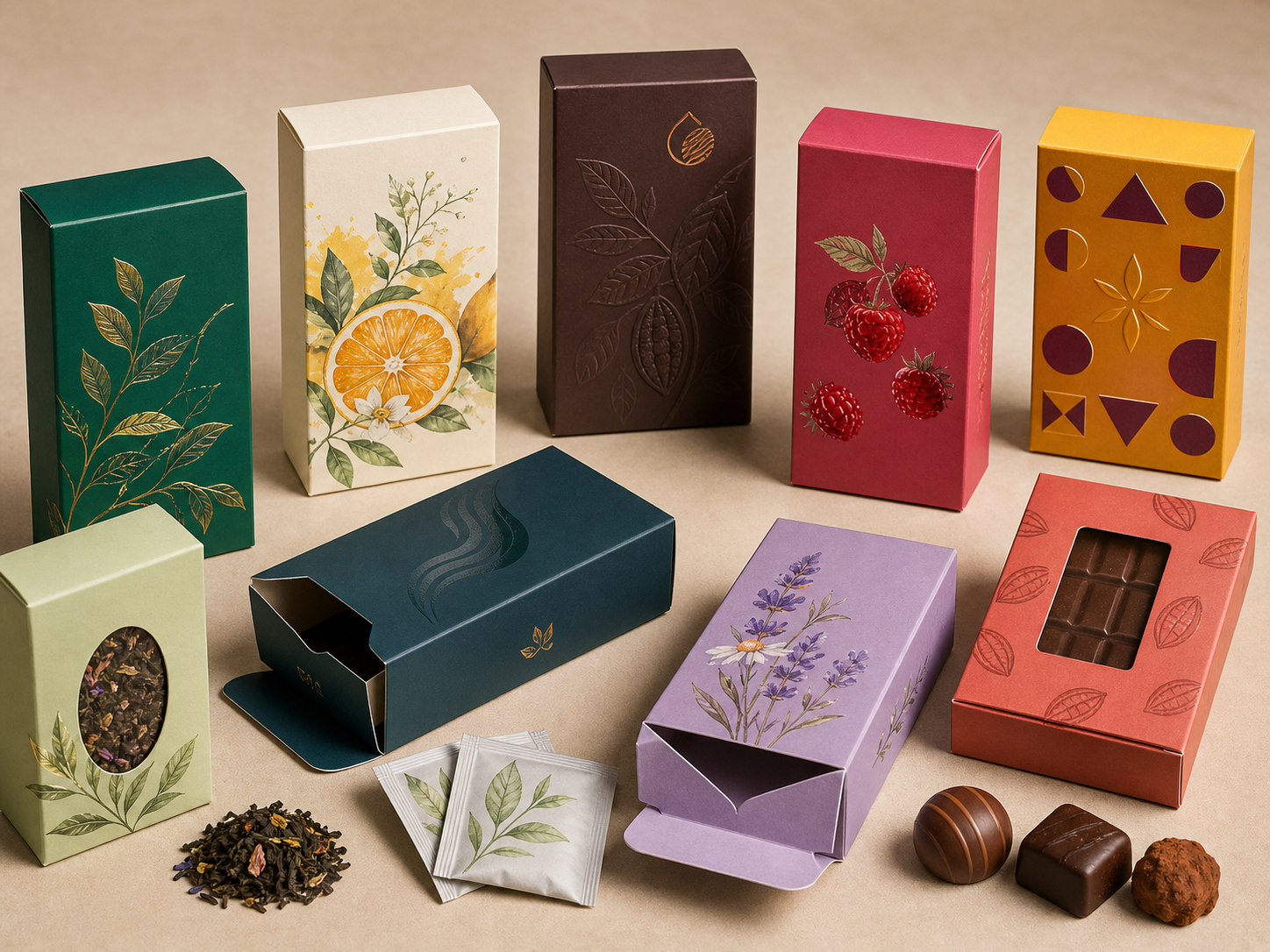 Folding paper boxes for tea chocolate and confectionery products