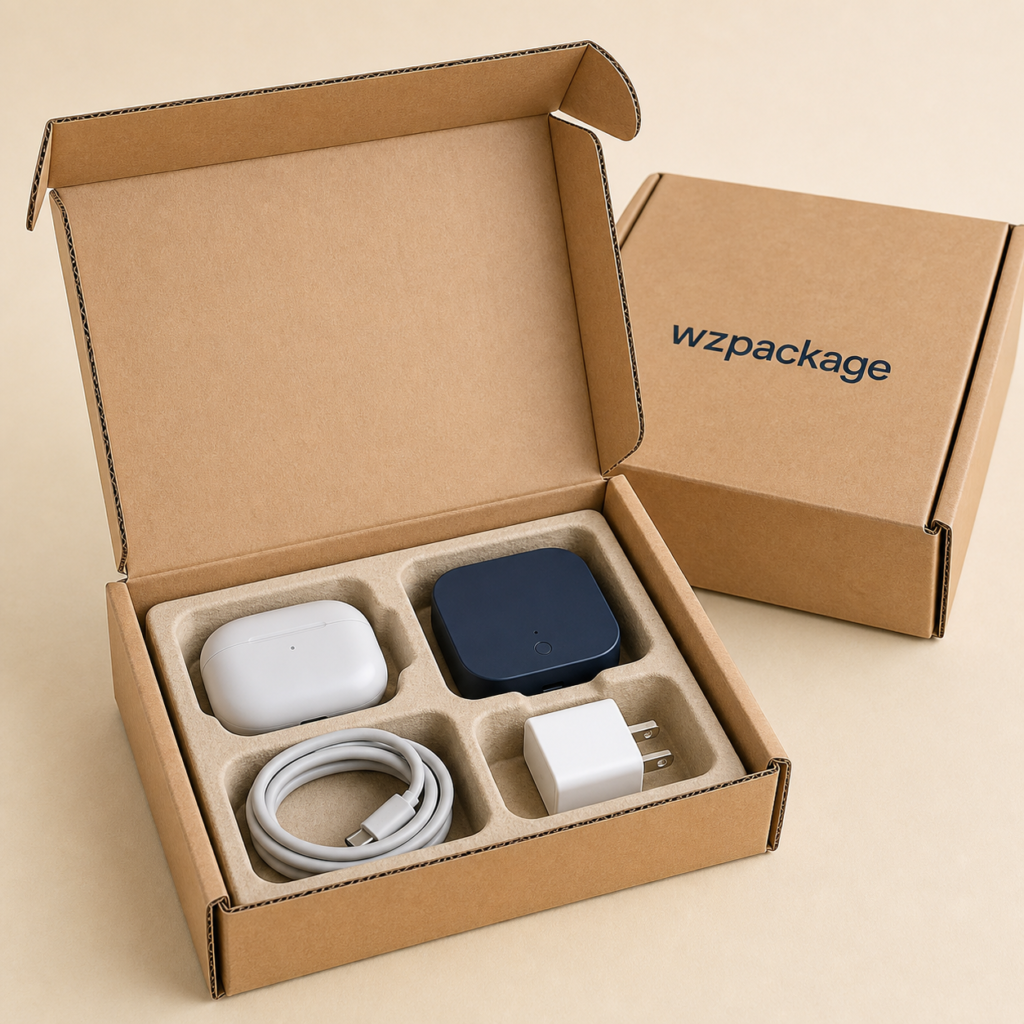Corrugated electronics shipping mailer box with molded pulp insert and accessories