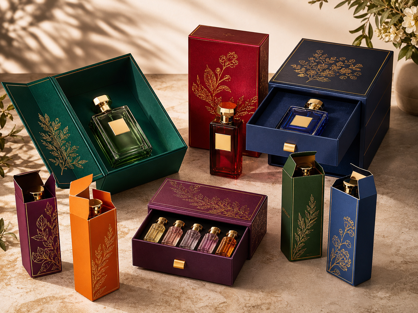 Luxury custom perfume boxes and fragrance discovery set packaging with fitted inserts