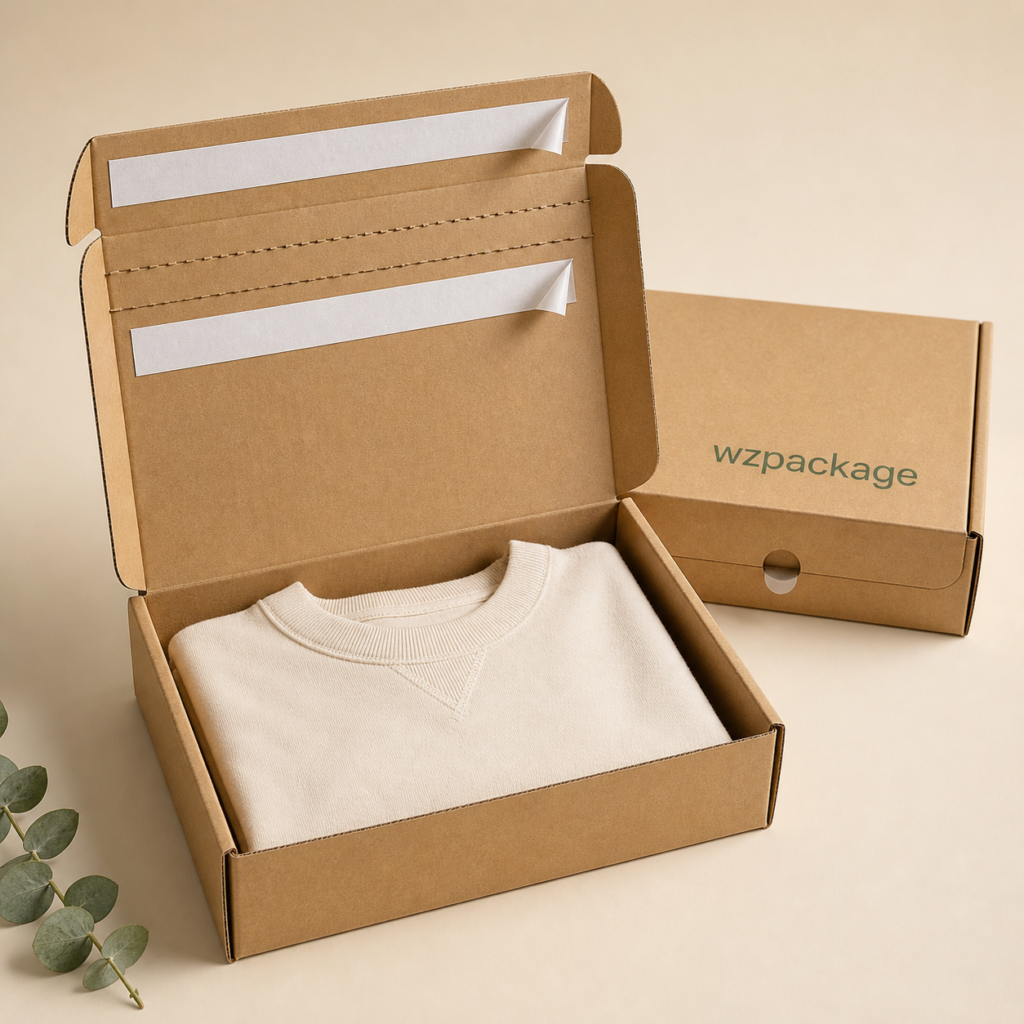 Return-ready ecommerce mailer box with dual adhesive strips and tear strip