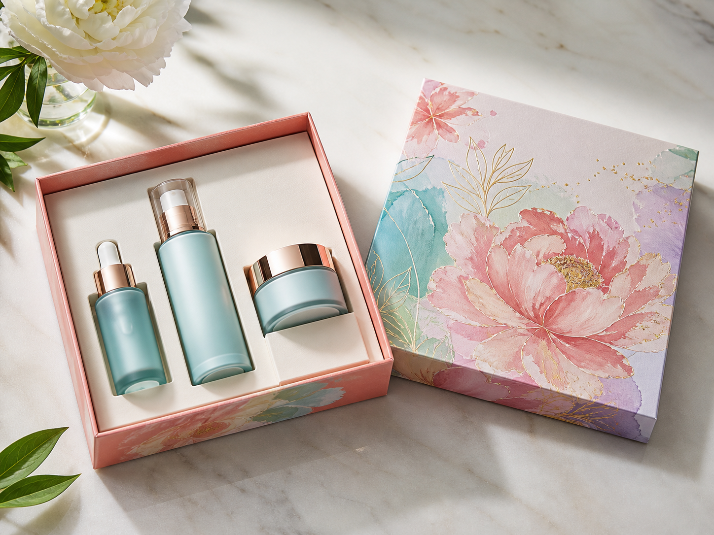 Lid and base skincare gift box with serum bottle and cream jar