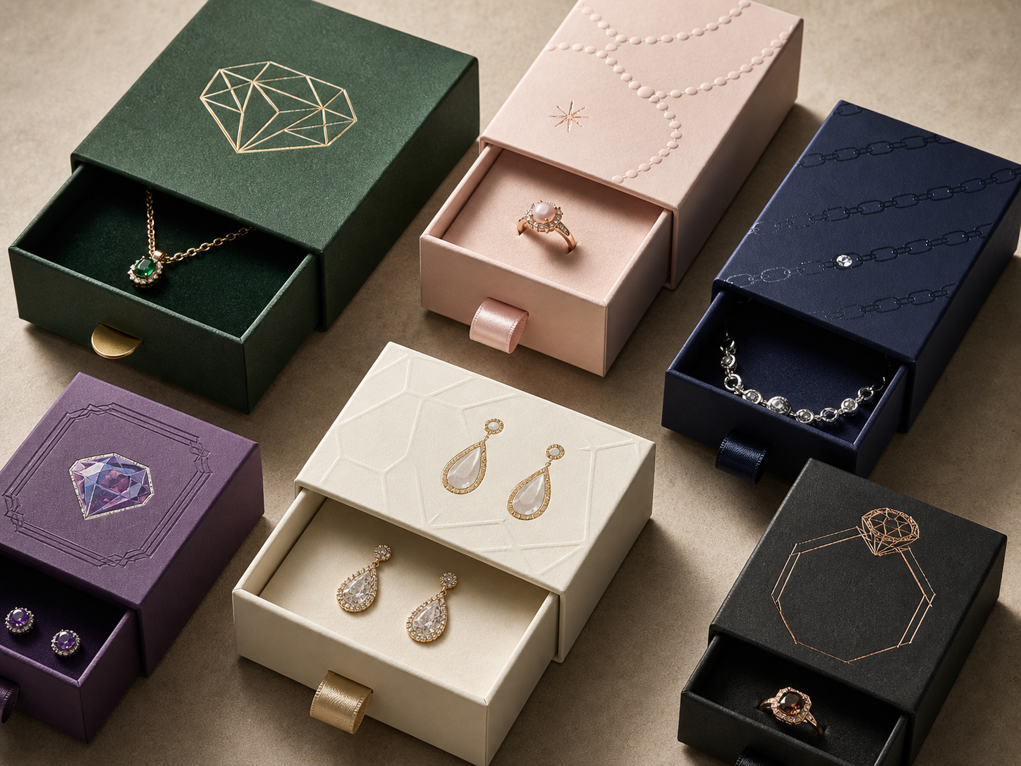 Illustrative jewelry drawer boxes with fitted necklace and ring inserts
