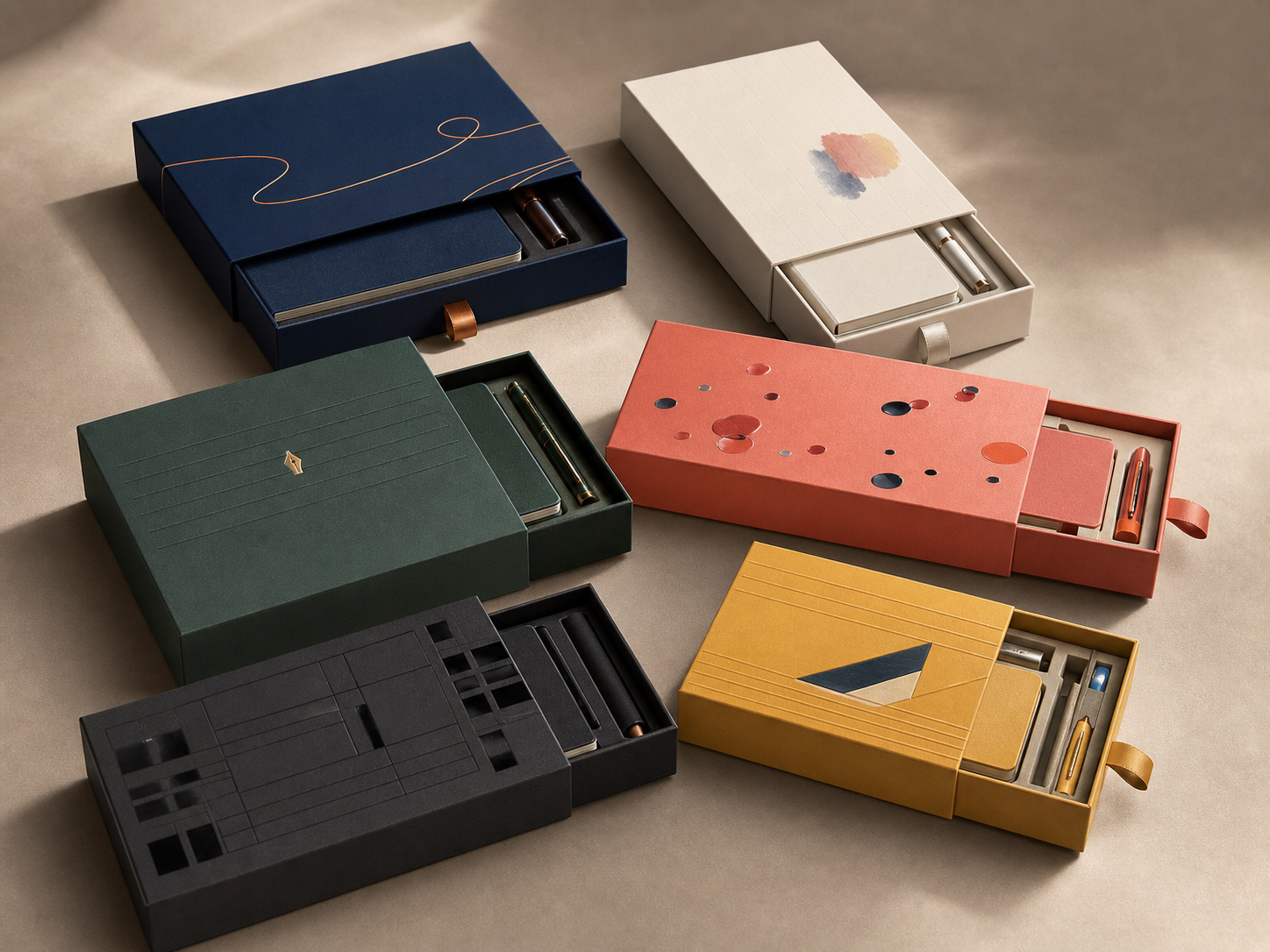 Illustrative paper drawer box with a notebook and pen set