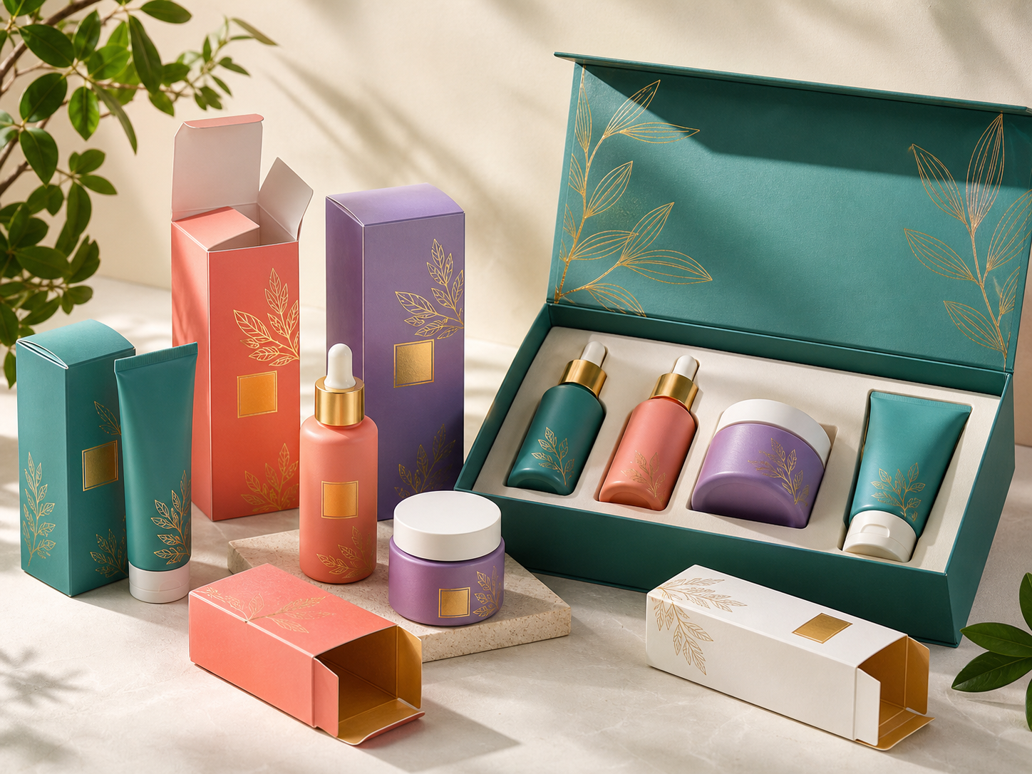 Illustrative printed skincare cartons and presentation box for bottles and jars