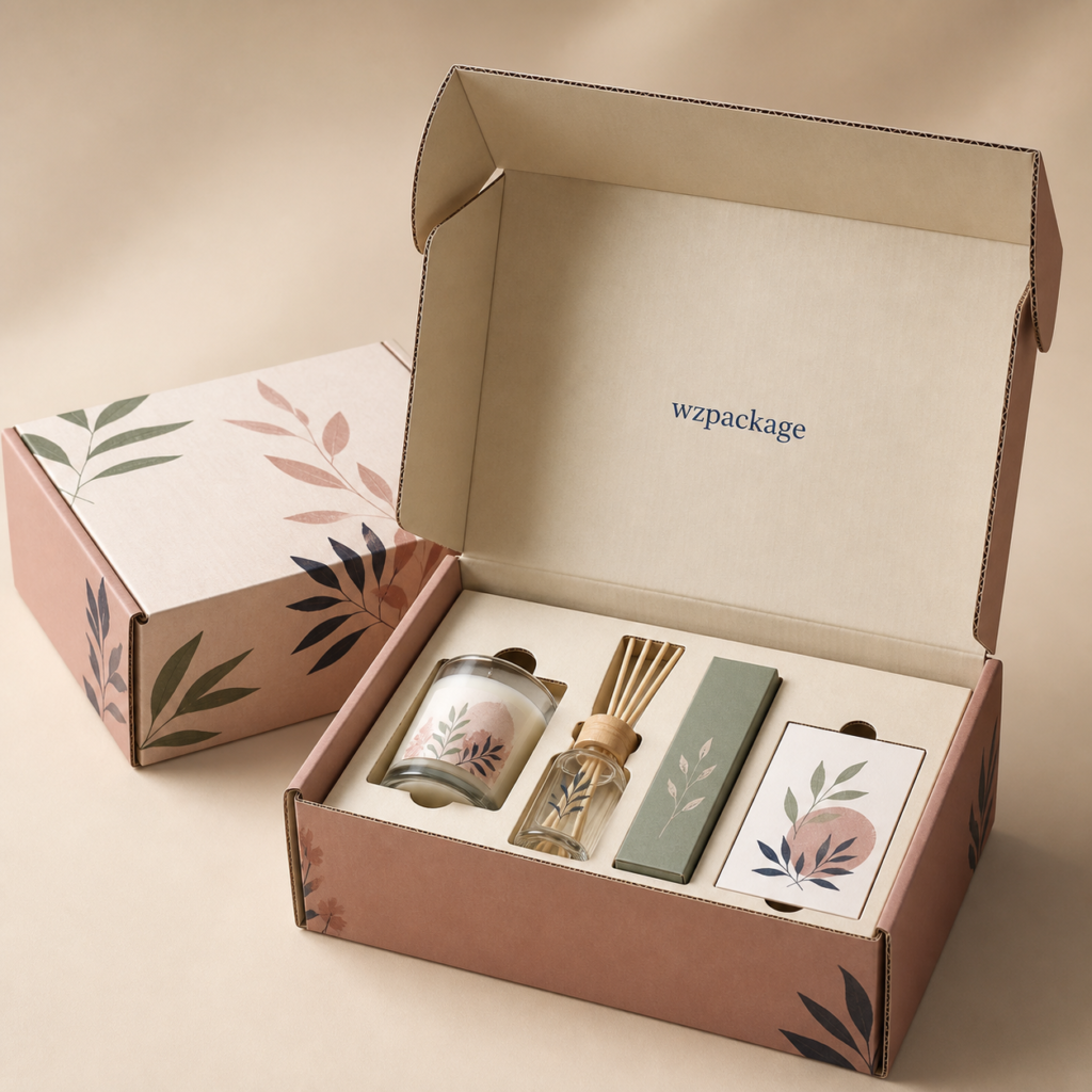 Printed corrugated gift shipping box with custom paper insert