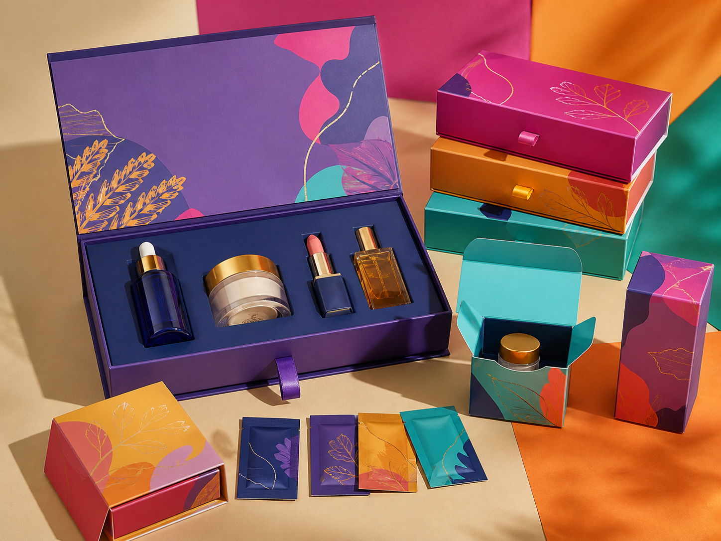 Custom influencer PR box and cosmetic product launch kit with fitted insert