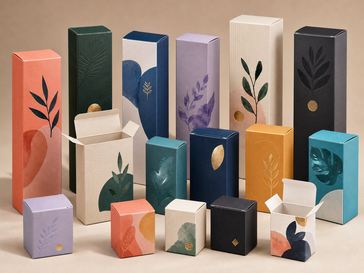 Coordinated collection of custom printed folding retail cartons