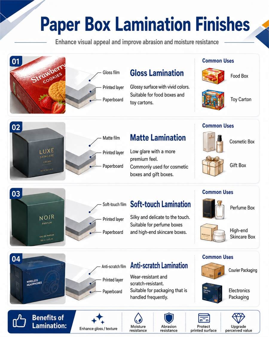 Paper box lamination finishes including gloss lamination, matte lamination, soft touch lamination and anti scratch lamination