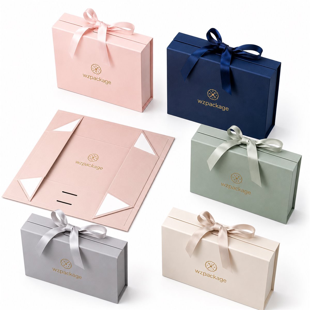 Custom paper gift boxes with ribbon and branded printed paper packaging
